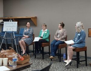 Panel: The Core Team and Support. Former campaign manager Lynsey Hart (far left), former campaign treasurer Patty Roe (second from left), and Iowa House Representative Elinor Levin (third from left) described aspects of the campaign team and the role of the treasurer. Women’s Caucus board member Eileen Beran (right) moderated.